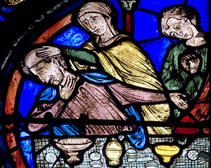 Chartres Cathedral, Bay 08, panel 07 - the Prefect Tarquinus chokes on a fish-bone