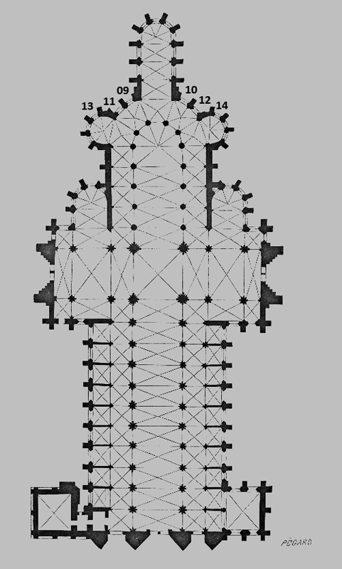 Rouen Cathedral - annotated plan of the medieval windows